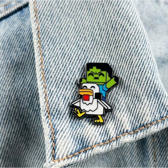 Minecraft Baby Zombie Riding Chicken Enamel Pin Gamer Collectible Chicken Jockey - Picture 3 of 4